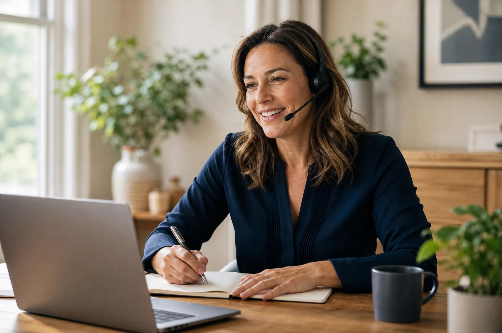 A care coordinator with a headset smiles mid-conversation at a warm wood desk