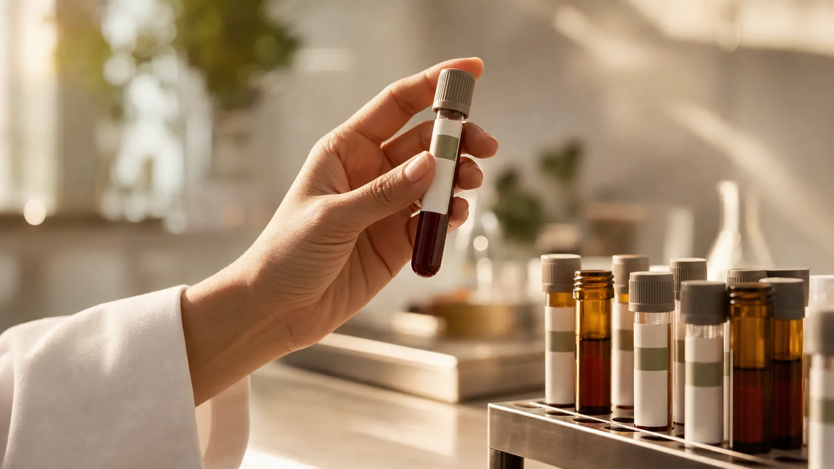 Vacutainer tubes on a ceramic tray, prepared for a draw