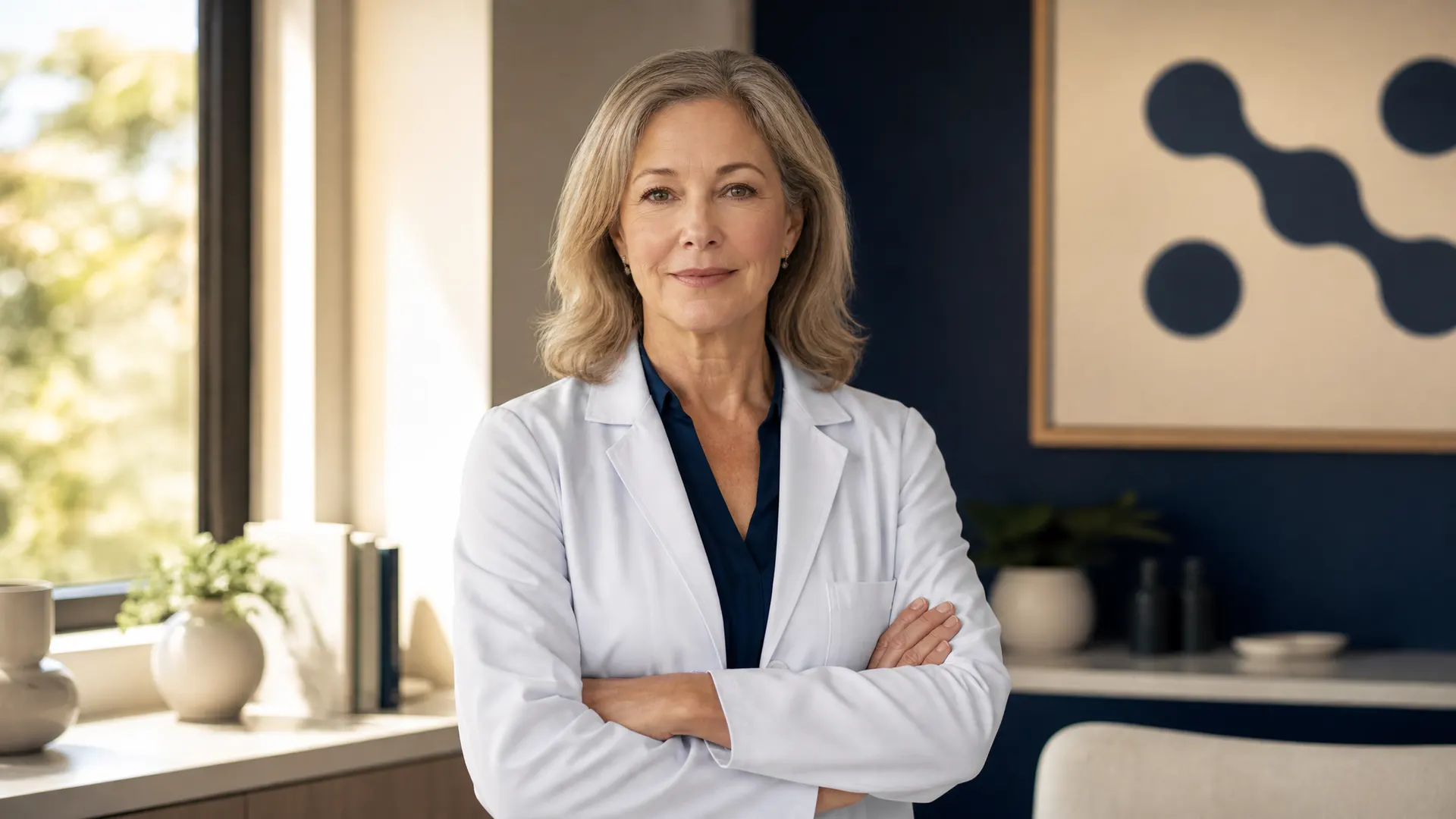 A board-certified physician in a white coat stands in a warm consultation room, arms folded, meeting the camera with a direct, compassionate gaze