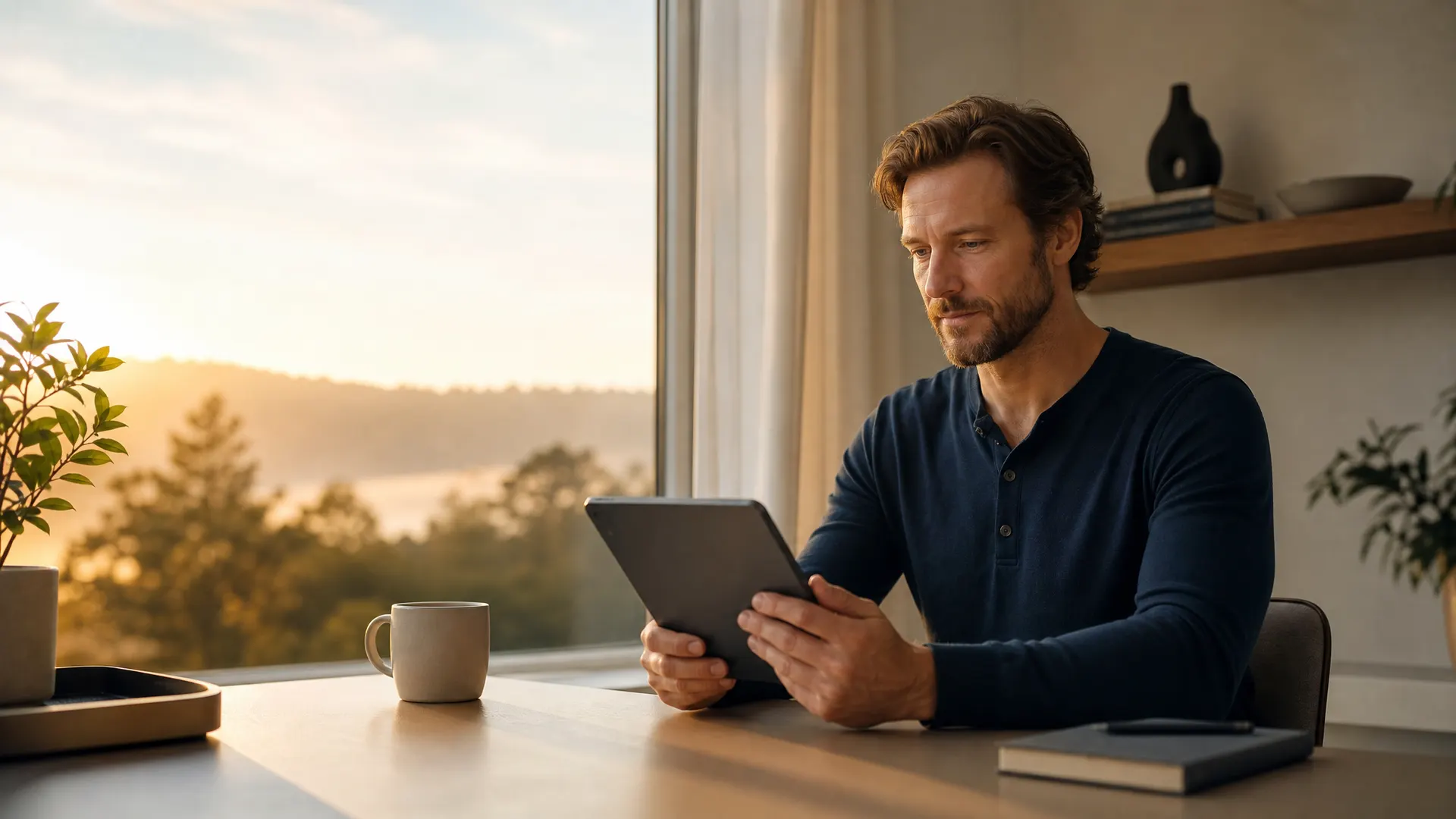 A man sits upright at a desk by a bright window at dawn, tablet in hand, beginning his health intake