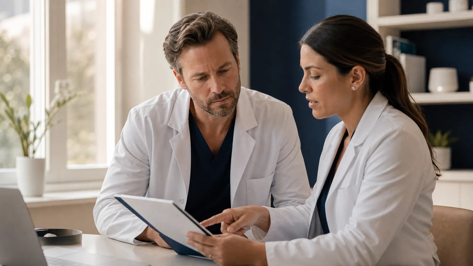 Two physicians in white coats review a patient chart together in warm afternoon light