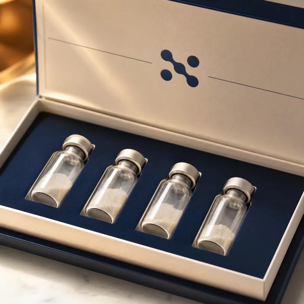 An open navy Nexphoria presentation case holding four compounded peptide vials