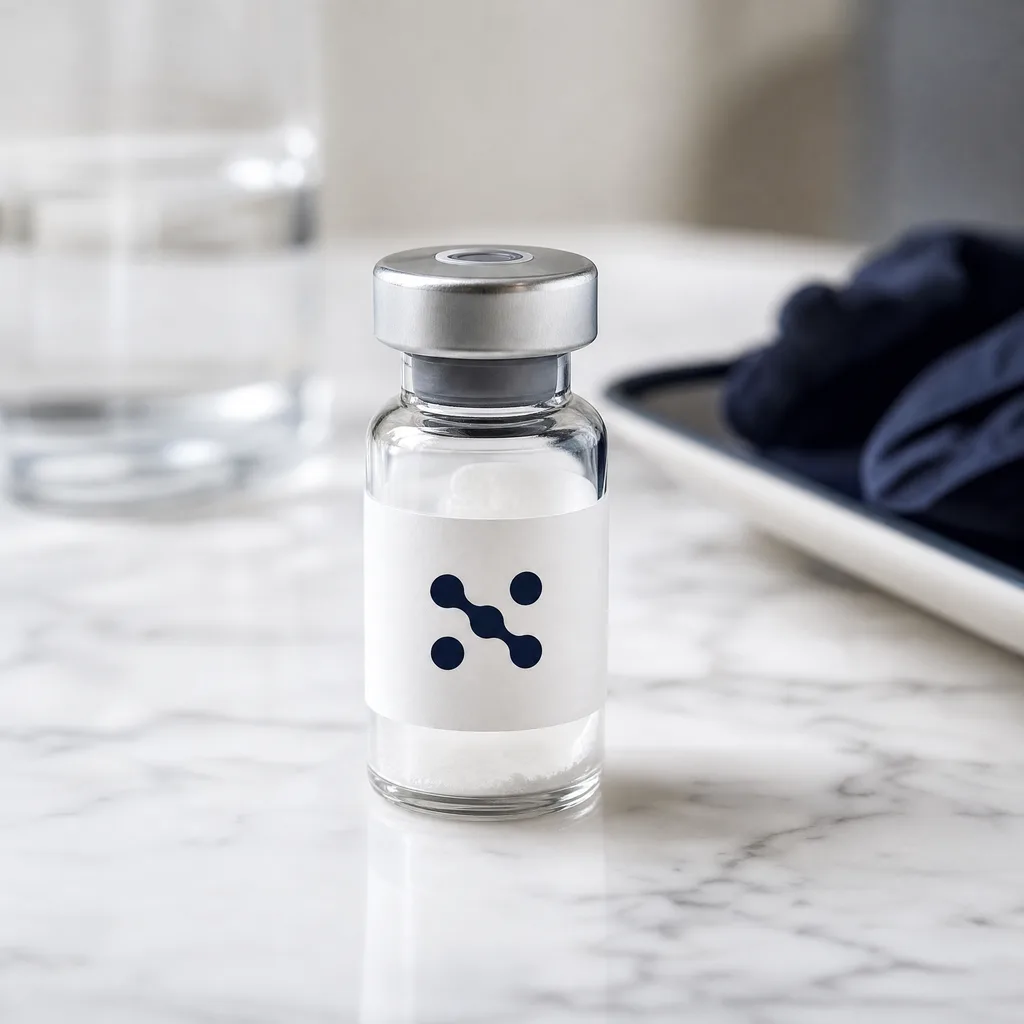 A single Nexphoria-labeled peptide vial with a silver crimp cap on a marble counter