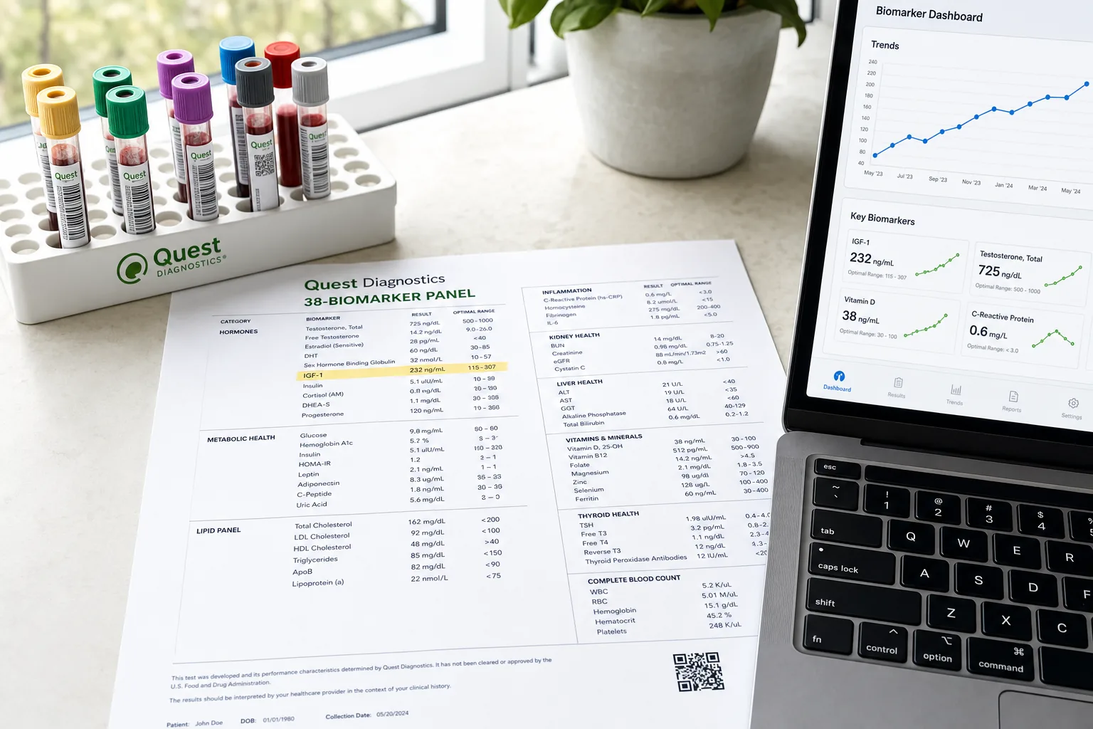 A 99-biomarker peptide lab panel and physician dashboard used to calibrate your protocol