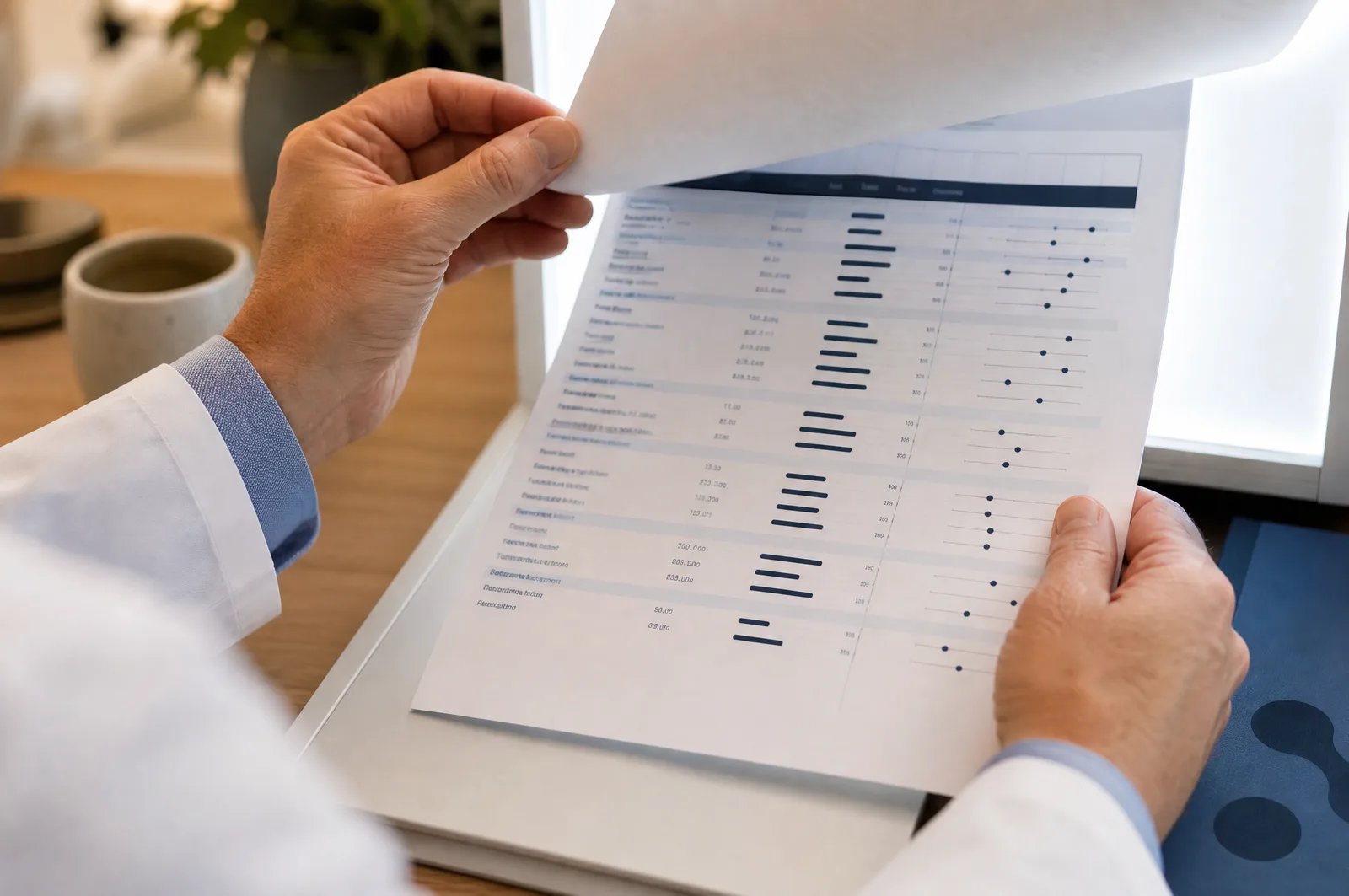 A physician reads a printed lab panel at a light table