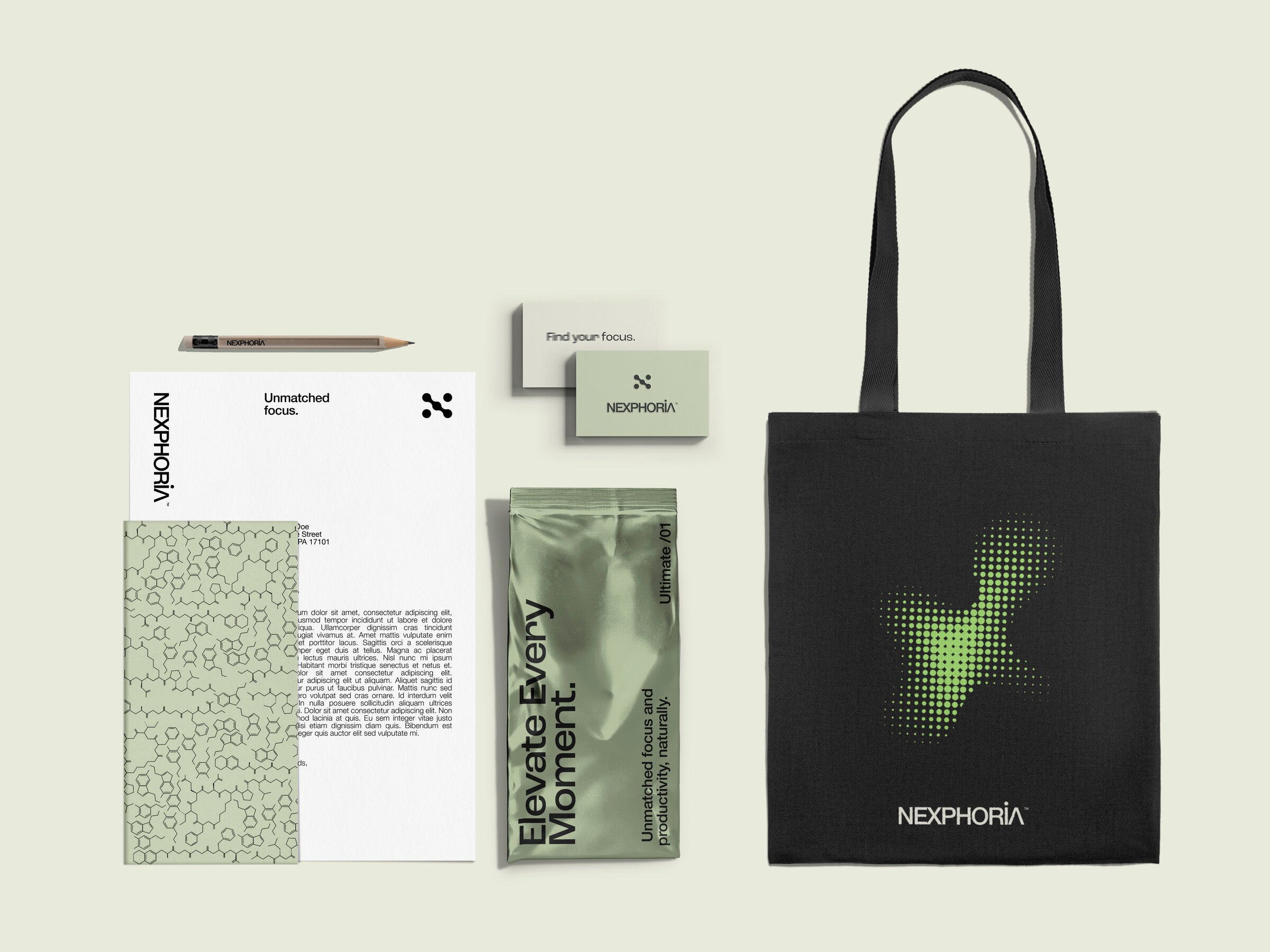 Nexphoria stationary, tote, and brand suite